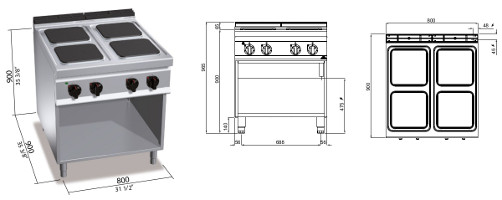 E9PQ4M, cucina elettrica 4 piastre quadre su vano