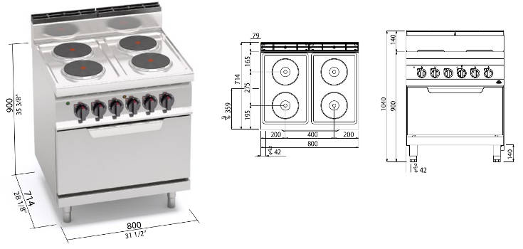 E7P4+FE, cucina elettrica 4 piastre tonde con forno elettrico 2/1 gn