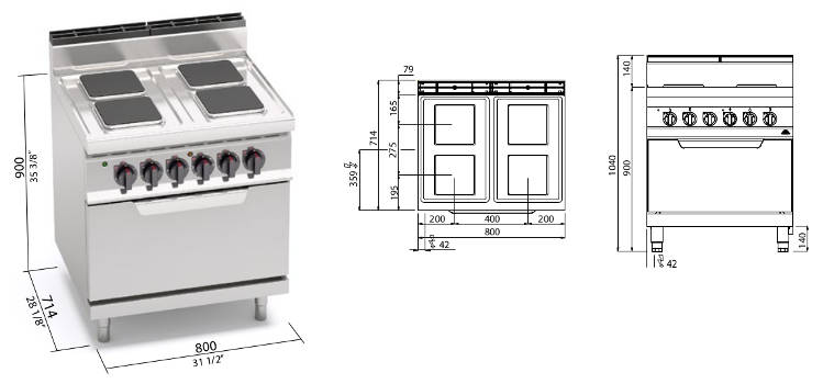 E7PQ4+FE, cucina elettrica 4 piastre quadre con forno elettrico 2/1 gn